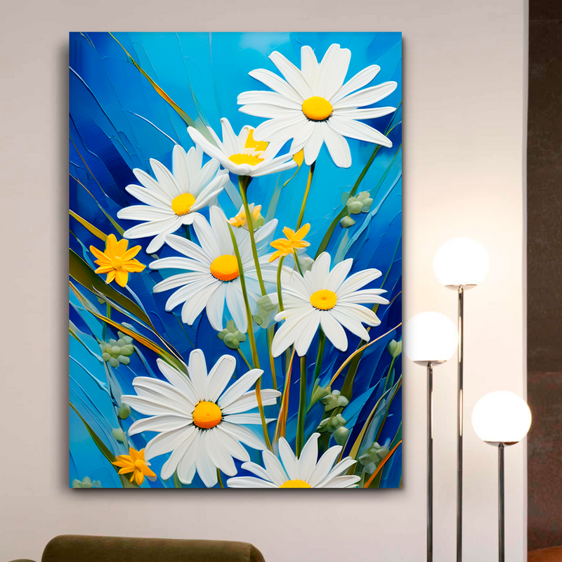Quadro Decorativo Flores - Margaridas Brancas em Fundo Azul