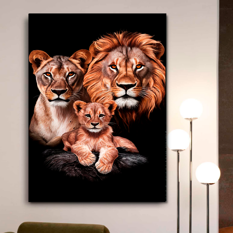 Quadro Decorativo Família de Leões 1 Filhote - Retrato com o Primogênito