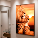 Quadro Decorativo Família de Leões 2 Filhotes - Por do Sol
