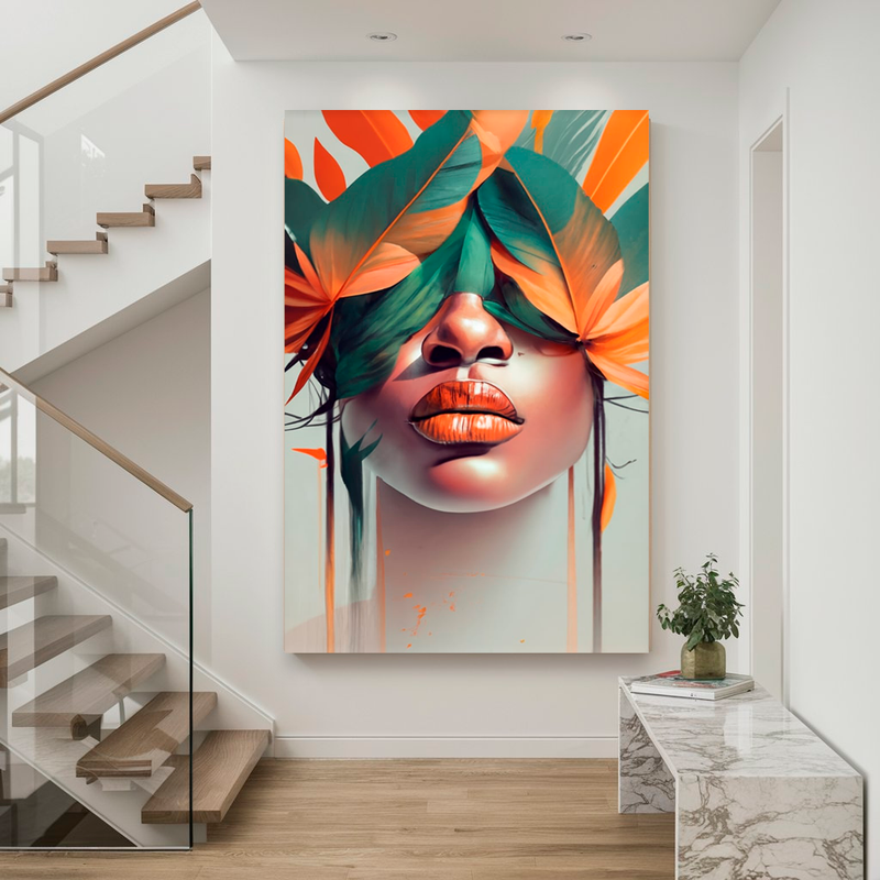 Quadro Decorativo Mulher - Penas e Tons Laranja