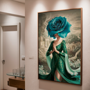 Quadro Decorativo Mulher - Flor Azul e Vestido Verde