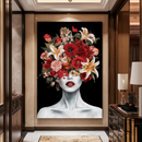 Quadro Decorativo Mulher - Retrato de Flores e Batom Vermelho