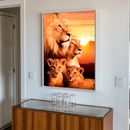 Quadro Decorativo Família de Leões 2 Filhotes - Por do Sol