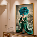 Quadro Decorativo Mulher - Flor Azul e Vestido Verde