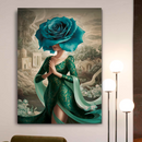 Quadro Decorativo Mulher - Flor Azul e Vestido Verde