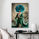 Quadro Decorativo Mulher - Flor Azul e Vestido Verde