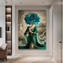 Quadro Decorativo Mulher - Flor Azul e Vestido Verde