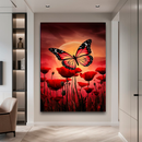 Quadro Decorativo Flores - Borboleta em Jardim de Rosas Vermelhas