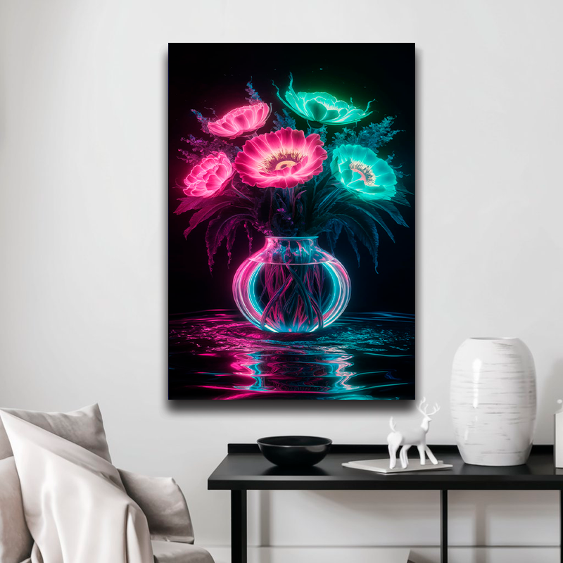 Quadro Decorativo Flores - Vaso Neon
