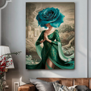 Quadro Decorativo Mulher - Flor Azul e Vestido Verde