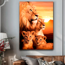 Quadro Decorativo Família de Leões 2 Filhotes - Por do Sol