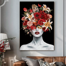 Quadro Decorativo Mulher - Retrato de Flores e Batom Vermelho