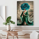 Quadro Decorativo Mulher - Flor Azul e Vestido Verde