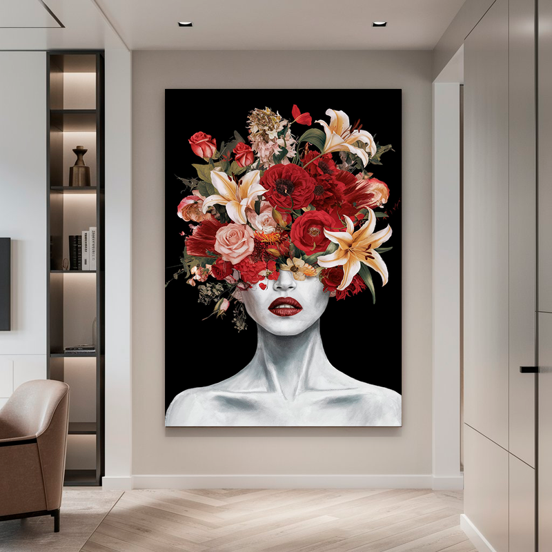 Quadro Decorativo Mulher - Retrato de Flores e Batom Vermelho