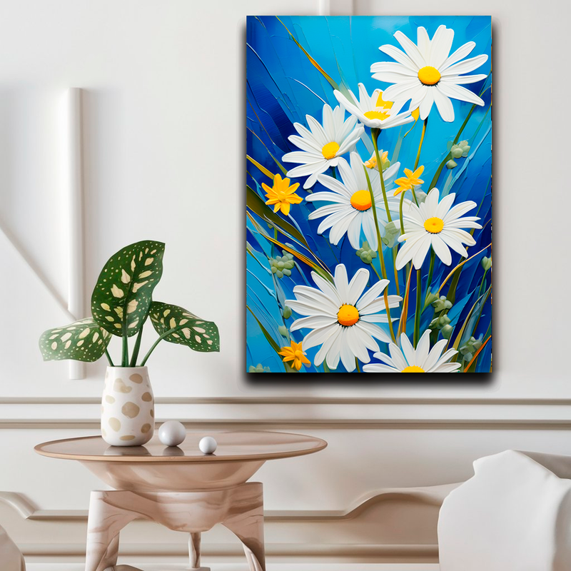 Quadro Decorativo Flores - Margaridas Brancas em Fundo Azul