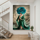 Quadro Decorativo Mulher - Flor Azul e Vestido Verde