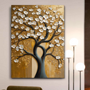 Quadro Decorativo Flores - Árvore com Folhas Brancas em Fundo Dourado