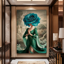 Quadro Decorativo Mulher - Flor Azul e Vestido Verde