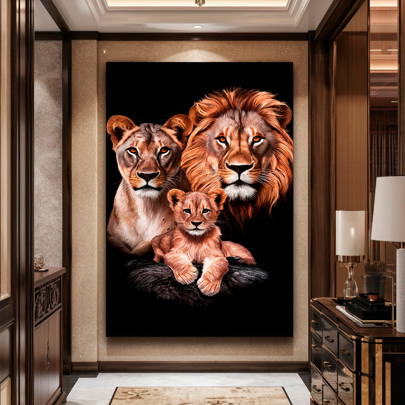 Quadro Decorativo Família de Leões 1 Filhote - Retrato com o Primogênito