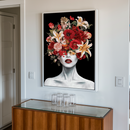 Quadro Decorativo Mulher - Retrato de Flores e Batom Vermelho